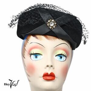 Vintage 50s Hat Black Peachbloom Velour Merrimac Body Rhinestone Trim - Hey Viv